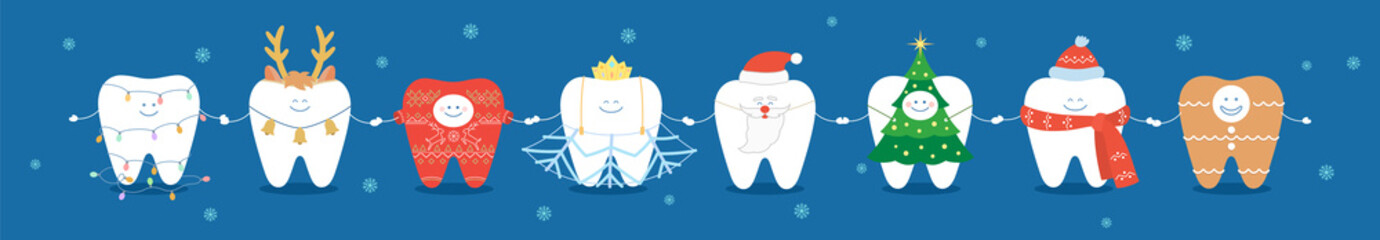 Dental Christmas illustration or banner. Teeth in stage costumes hold hands. Cute cartoon teeth celebrate Christmas and New Year.