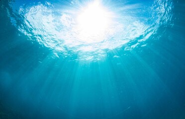 Background of sun beams through clear water