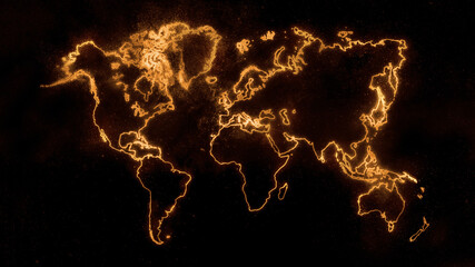 Colorful World Map on dark background, Orange Glowing World Map
