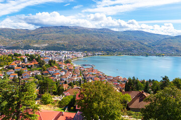 Fototapeta na wymiar Aerial view of Ohrid old town at Ohrid lake, Ohrid is part of UNESCO's