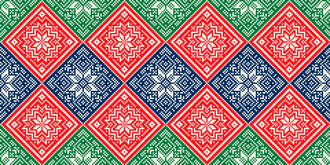 Winter Holiday Pixel Pattern. Seamless Christmas Star Ornament. Scheme for Knitted Sweater Pattern Design.