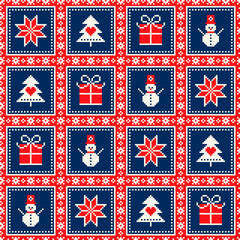 Winter Holiday Pixel Pattern with a Christmas Symbols. Snowflake, Christmas Tree, Present Box and Snowman Ornament. Vector Scheme for Knitted Sweater Pattern Design. Patchwork Quilt Imitation.