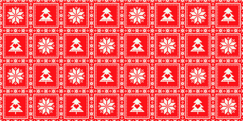 Winter Holiday Pixel Checkered Pattern. Christmas Star and Christmas Tree Seamless Squared Ornament. Vector Scheme for Knitted Sweater Pattern Design. Patchwork Quilt Imitation.
