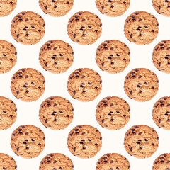 Top view of American chocolate chip cookie pieces repeat seamless pattern on light background.