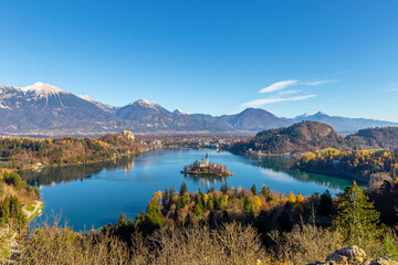 Bled lake in autumn, scenic view of Bled Island from Ojstrica hill