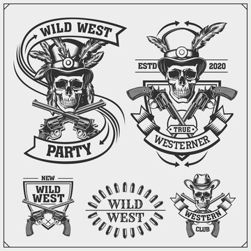 Wild west party emblem. Cowboy skull vintage label, badge and design elements. Print design for t-shirt.