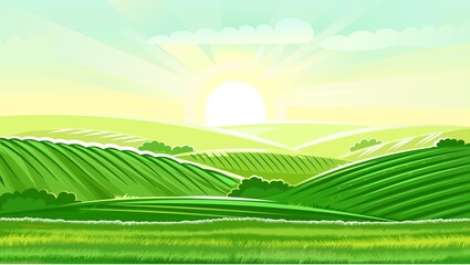 Obraz premium Rural hills. Scenery. Vector. Pasture grass for cows and a place for a vegetable garden and farm. Meadows and trees. Horizon. Beautiful view. Summer.