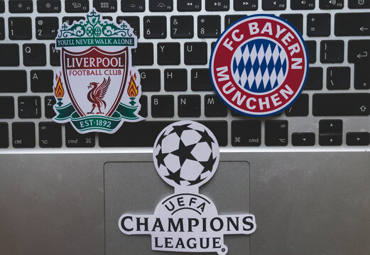 December 17, 2018. Nyon, Switzerland. Emblems of participants 1/8 finals of the UEFA Champions League season 2018/2019 Liverpool F.C.  and  Bayern Munich on the computer keyboard.