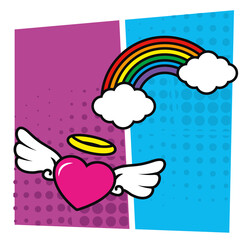 pop art heart with wings and rainbow vector design