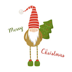 Cute christmas gnome with new year tree behind his back. Vector illustration.