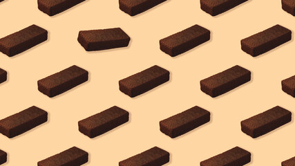 Sweets food concept, pattern with chocolate bar on peach background, flat lay, minimal design