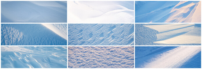 Set of snow textures. Collection of beautiful panoramic winter backgrounds with pure fresh snow and wind-sculpted patterns on a snowy surface. Nine wide panoramas with natural snow textures.