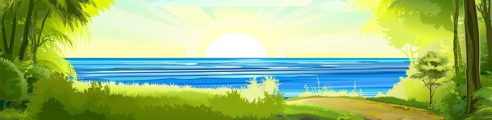 Fototapeta na wymiar Sea. View from the bank overgrown with trees. The road from the forest. Flat style illustration. Horizon. Vector