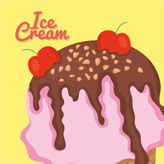 ice cream with chocolate sauce and cherries, colorful design