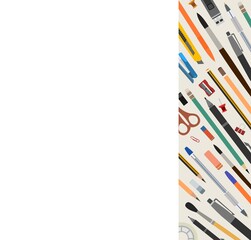 Stationery. Goods for the office, school and creativity. Corner frame. For a banner. The isolated vertiacally object on a white background. Vector illustration