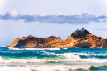 Sandstone hills jut out into the ocean
