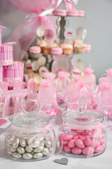 Girl baby birthday party or baby shower preparations on a table. Silver and pink color candies in glass jars and pink boxes and tiny bicycles seem on background