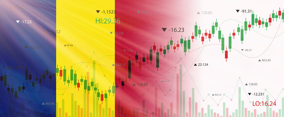 Creative (Romania) flag banner with stock exchange market ,Graph chart of stock market investment world trading, 3D illustration.
