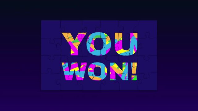 Puzzle pieces falling down, connect together and shows text You won. 3d style animation of assembling  Jigsaw puzzles. Winning in quiz or game banner. 4k stock animated footage. Winner congratulations