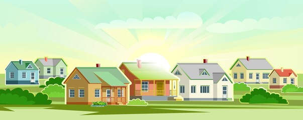 Village. A suburb with small one-story and high-rise buildings. Cozy place of residence. Flat style. Landscape. Vector