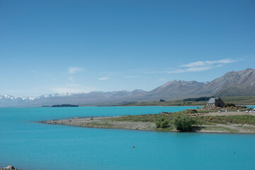 Lake Tekapo vivid landscape with iconic landmark Church of Good Sheppard