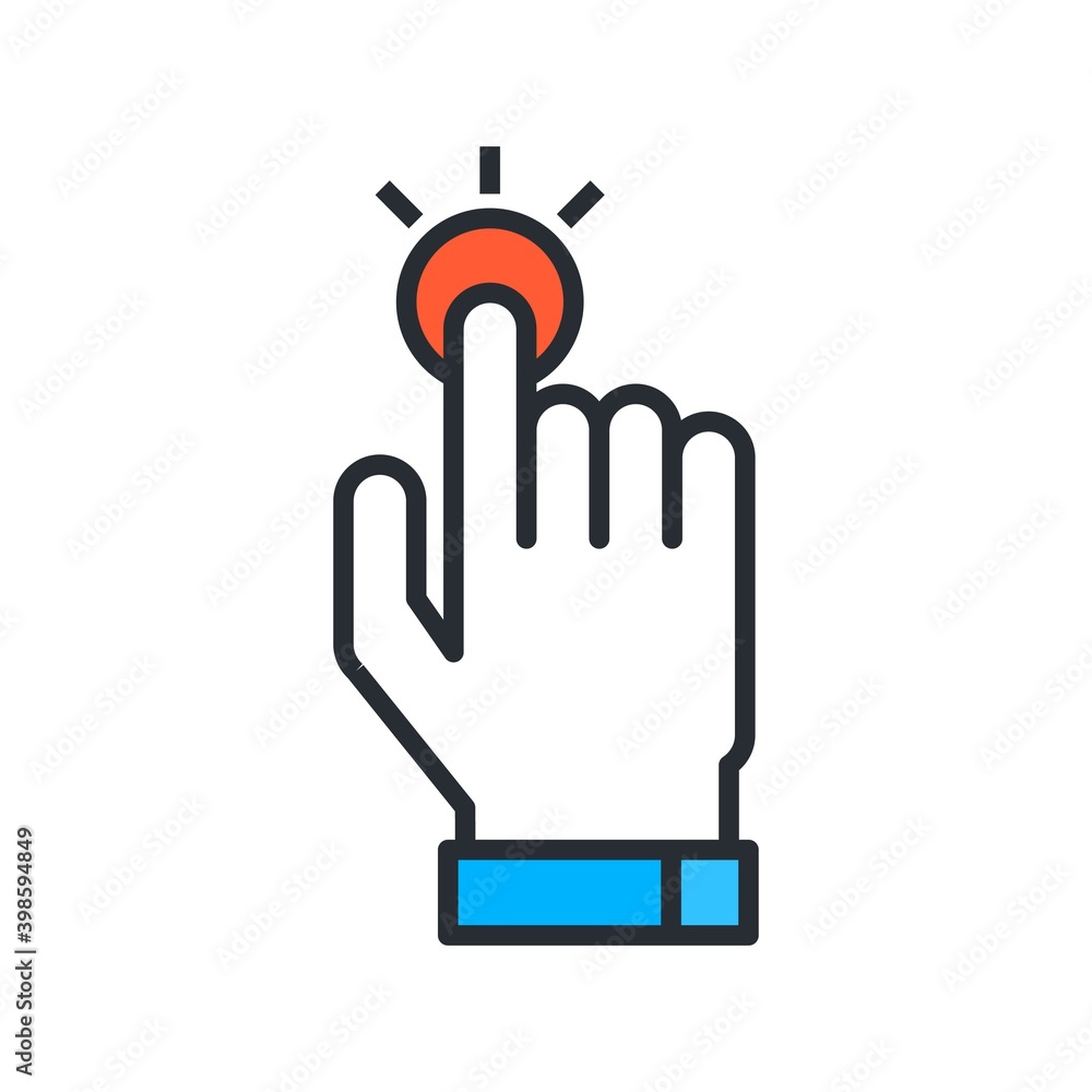 Poster click on button, cursor icon in flat design style.