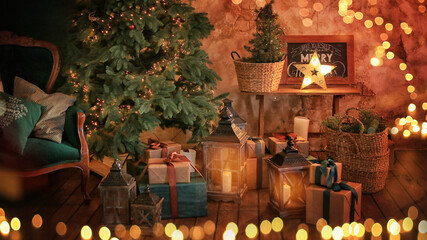 Xmas Home Interior. Gifts under decorated Christmas tree, dark brown background, boxes with New Year gifts tied with ribbons, presents, hollyday concept. Shining garland. holidays and seasonal greetin