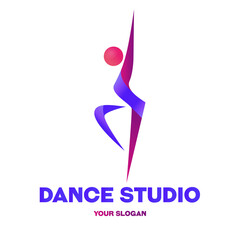 Logo for a dance studio in the form of a silhouette of a girl standing on one leg and raised hands up. Logo with a gradient for a dance club or studio
