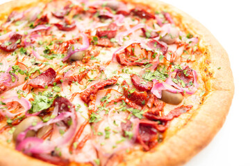 Pizza with hunting sausages, blue onions, ham and herbs isolated on white background