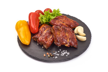 Roasted pork spare ribs in bbq sauce, spicy food, isolated on white background