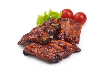 Roasted pork spare ribs in bbq sauce, spicy food, isolated on white background