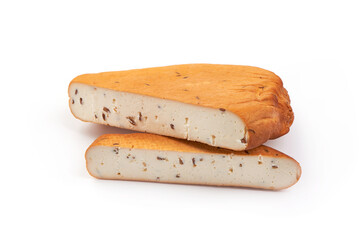 Traditional smoked cheese, isolated on white background