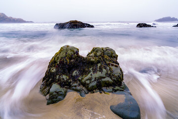 Boulder, Rock on Beach, waves, water, slow, blur, Sand