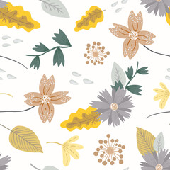 Tender pastel colors floral seamless pattern with cute flowers and leaves on white background. Lovely yellow and gray bouquets of blossoms and herbs for textile, wrapping paper, surface, wallpaper