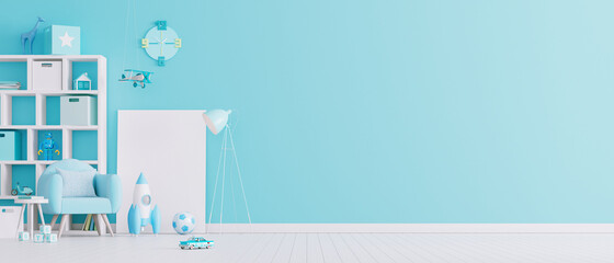 Children's room interior design with blue pastel colors. Little boys room with copy space. 3d render 3d illustration