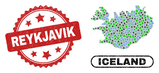 Vector Covid-2019 New Year combination Iceland map and Reykjavik grunge stamp print. Reykjavik seal uses rosette shape and red color. Collage Iceland map is organized of scattered Covid-2019,