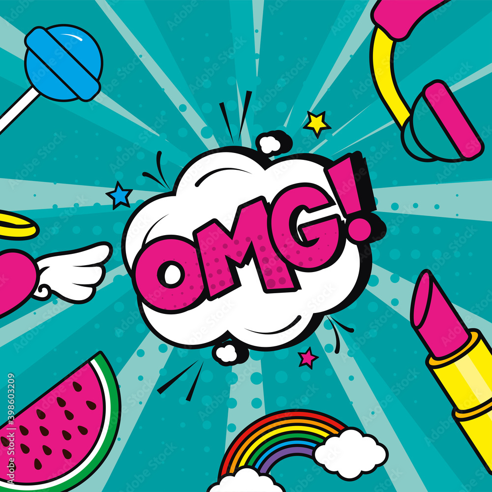 Poster pop art omg explosion bubble with icon set vector design