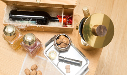 Liquor, nuts and wine, food and drink winter concepts