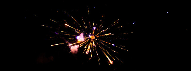 Fototapeta premium Firework exploding in the dark night sky to celebrate the new year. Colorful fireworks emitting sparks. New Years Eve Celebration. Particle Effect, Glowing, Blazing, Twinkling, Glistening.