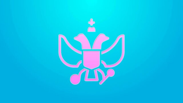 Pink line National emblem of Russia icon isolated on blue background. Russian coat of arms two-headed eagle. 4K Video motion graphic animation