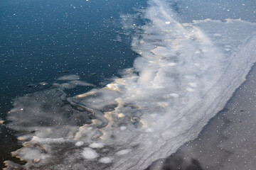 Abstract streaks on river ice, beautiful icy background
