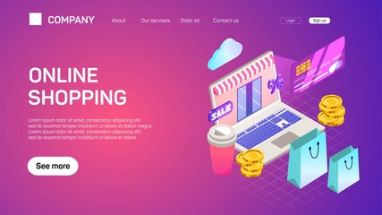 Vector illustration. Web business. E-commerce and money making. Internet banking. Flat header. Internet shopping. Web store. Global communication and trading.