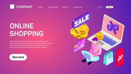 E-commerce web site template. Internet shopping web market and online store flat color horizontal