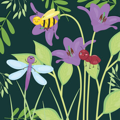 cute insects standing on purple lilies and leaves, colorful design