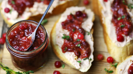 Sandwiches with pate and cranberry sauce. Healthy snack.