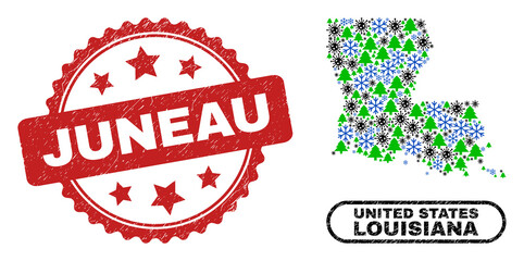 Vector Covid winter mosaic Louisiana State map and Juneau unclean stamp seal. Juneau seal uses rosette shape and red color. Collage Louisiana State map is designed from scattered flu virus,