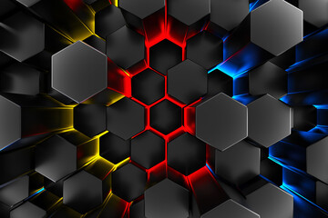 Black wall of honeycombs. Chaotic Cubes Wall Background. Panorama with high resolution wallpaper. 3d Render Illustration