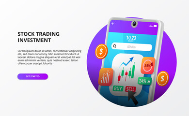 stock broker app for trading or investment with 3d phone illustration with candlestick chartl