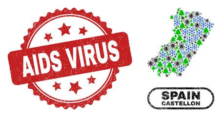 Vector pandemic Christmas combination Castellon Province map and AIDS Virus unclean stamp seal. AIDS Virus stamp uses rosette shape and red color.