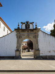Fototapeta premium Entrance portico to the largo Santa Mafalda by the Arouca Monastery, the largest granite construction of its kind in Portugal. Arouca, Portugal.